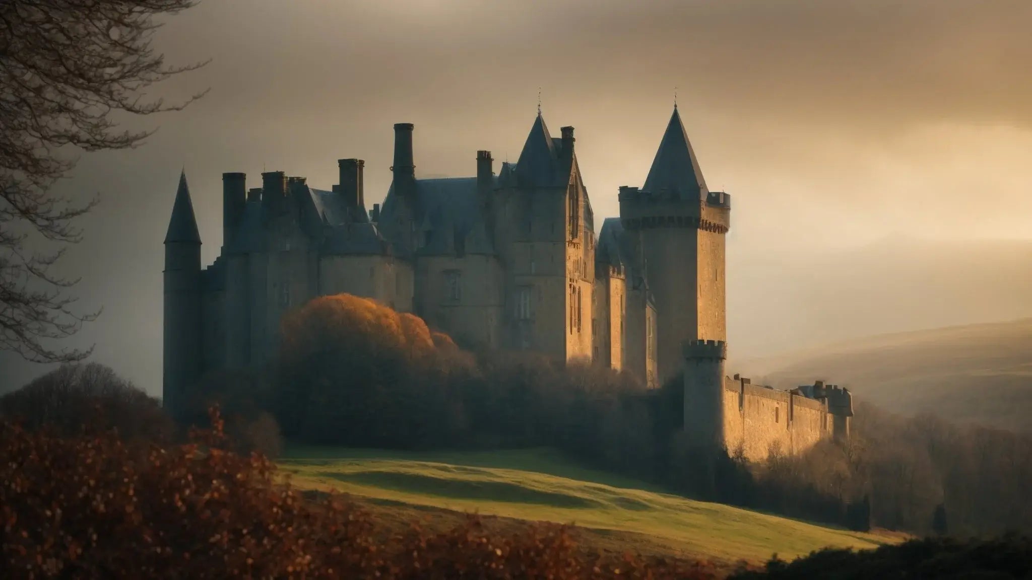 Misty atmospheric view of historic Cluny Castle in Scottish countryside at sunrise