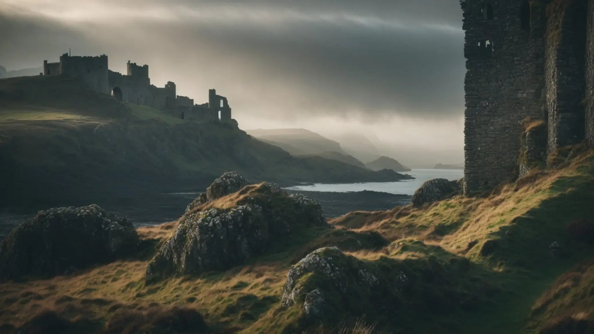 Misty atmospheric view of Castle Sween ruins on rugged Scottish coastline with rocky foreground