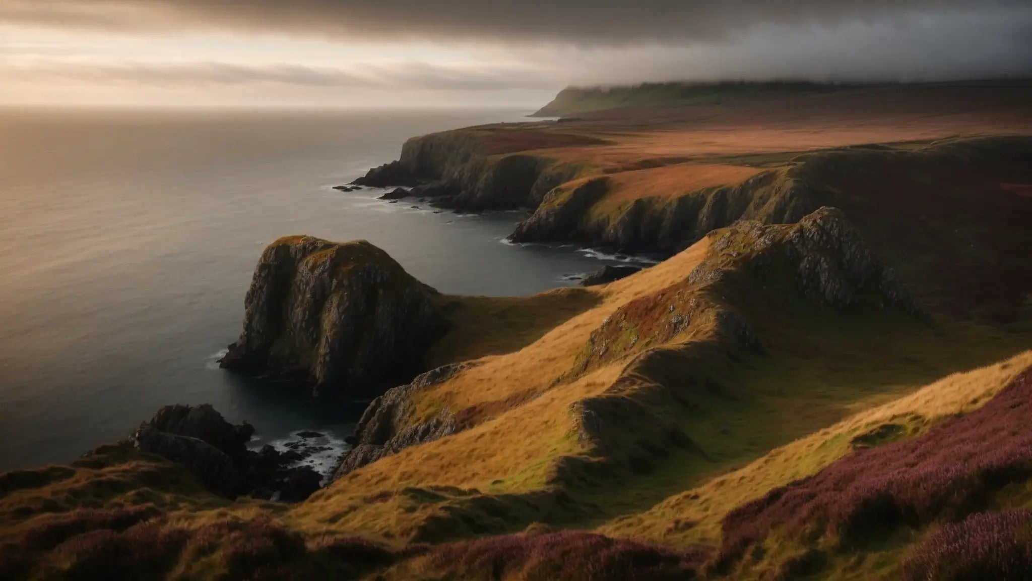 Misty coastal cliffs and rolling grassy hills in the Rhinns of Galloway at dusk