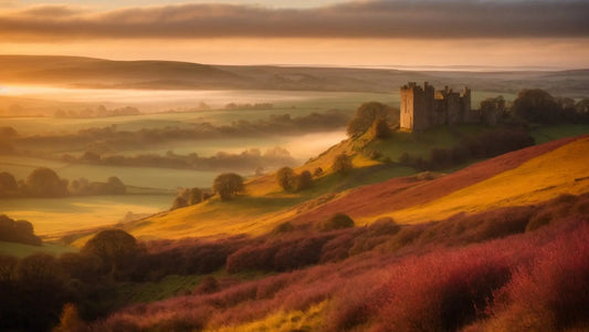 Misty dawn over Scottish Borders hills with ancient castle and colorful autumn foliage