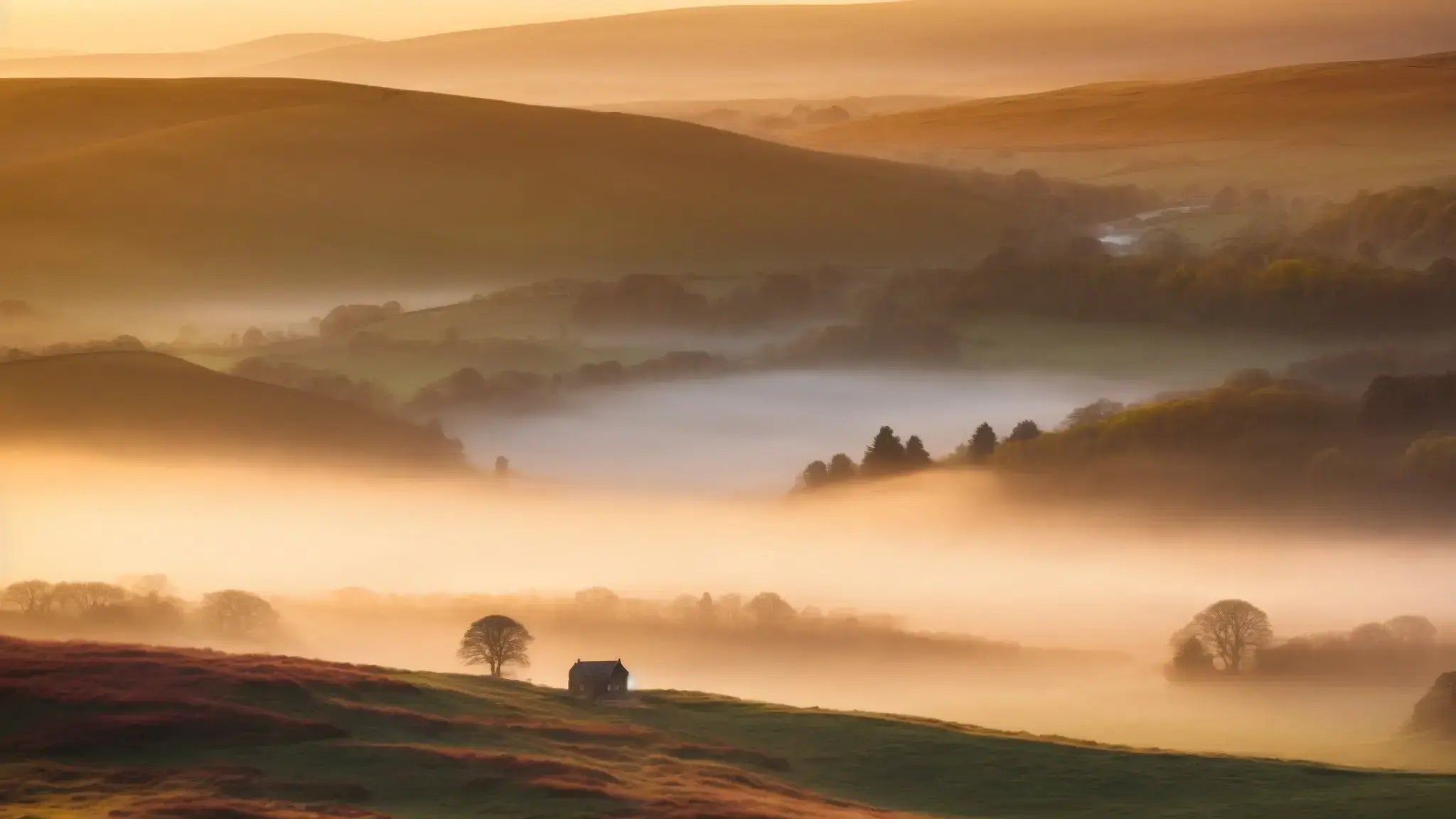 Misty dawn over rolling hills with a solitary house and bare trees in peaceful countryside