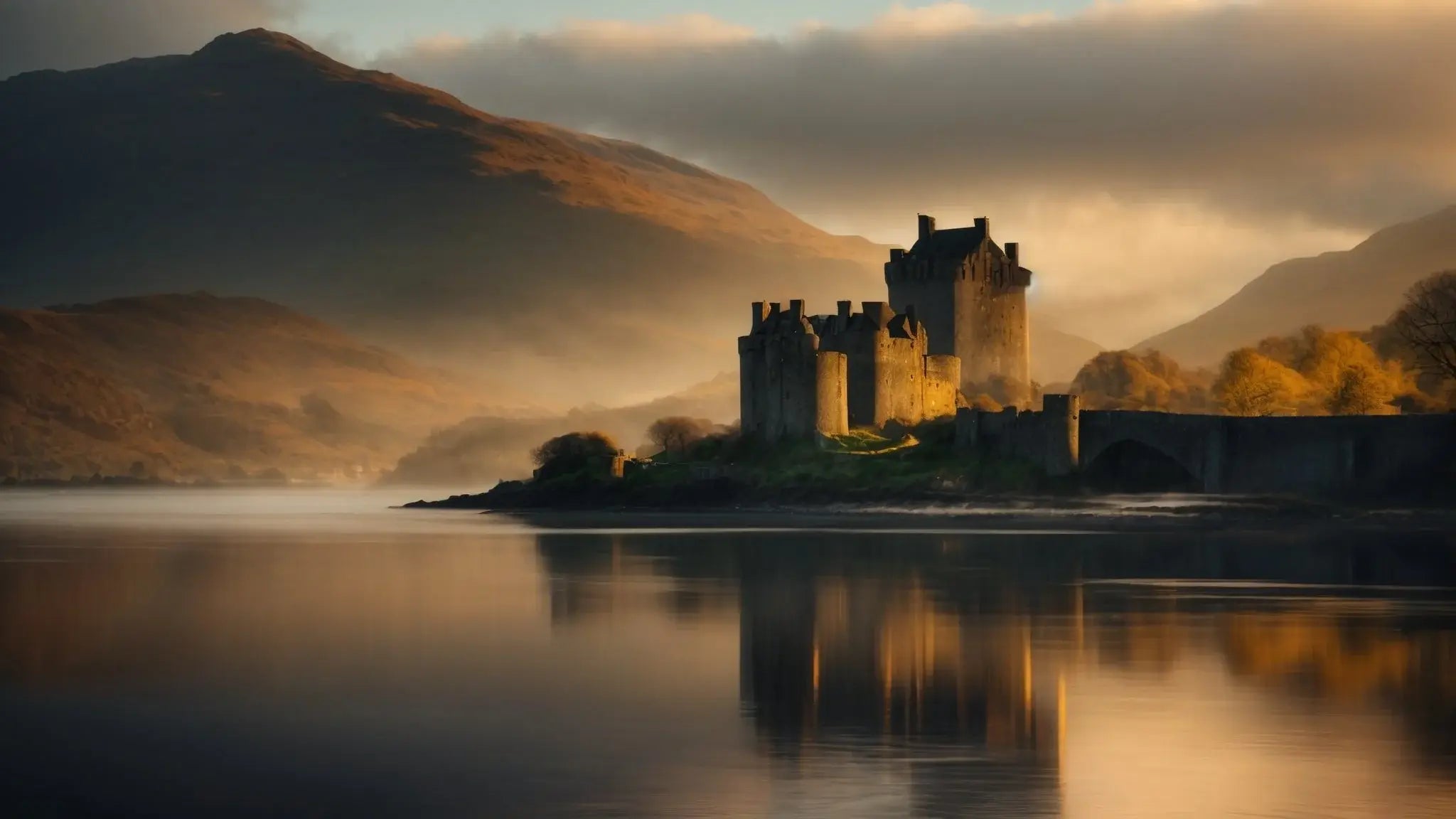 Eilean Donan Castle at misty sunrise with golden light, calm water reflection, and Scottish Highlands backdrop