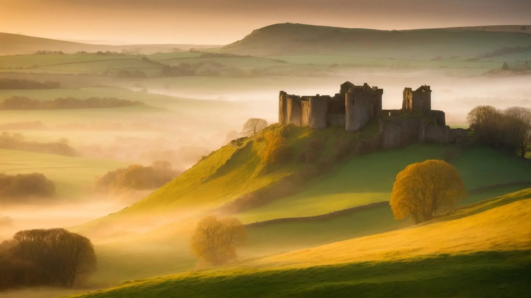 Ruins of Hume Castle above misty green hills in the Scottish Borders