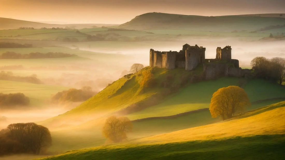 Ancient castle ruins on a misty morning hill in Berwickshire, Scottish rolling green landscape