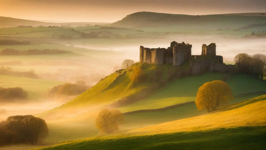 Ancient castle ruins on a misty morning hill in Berwickshire, Scottish rolling green landscape