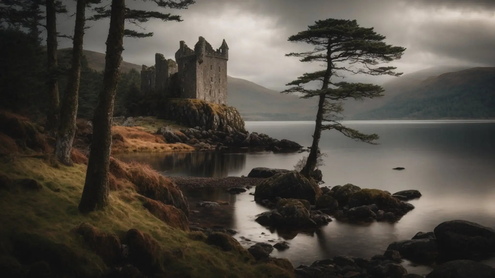 Moody Highland landscape with Loch Fyne, ancient stone castle on rocky shore, and lone windswept tree