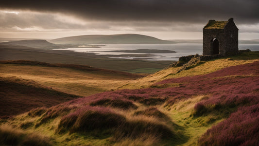 Stone ruins of Jardine Tower amid heather fields and cloudy Border hills near Applegarth, symbolizing the historic Clan Jardine.