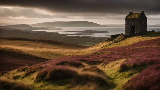 Stone ruins of Jardine Tower amid heather fields and cloudy Border hills near Applegarth, symbolizing the historic Clan Jardine.