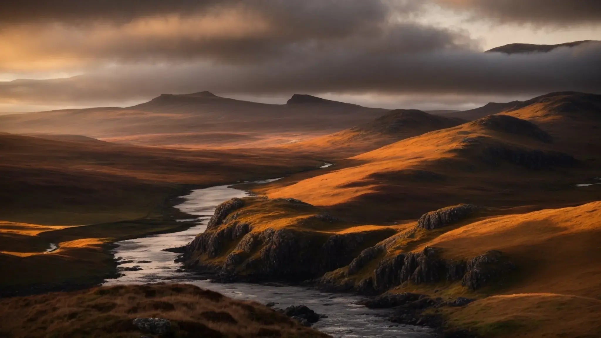 Rugged northern Highland landscape in Strathnaver with winding river and golden hills under dramatic clouds