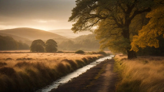 Serene Scottish Lowland landscape at dawn with river, golden grass, and large leafy trees