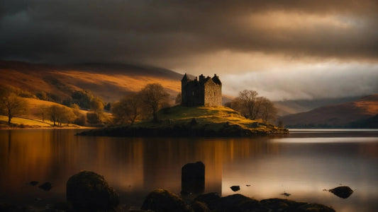 Dramatic view of a historic castle on a small island in calm Loch Tay with moody skies and autumn hills