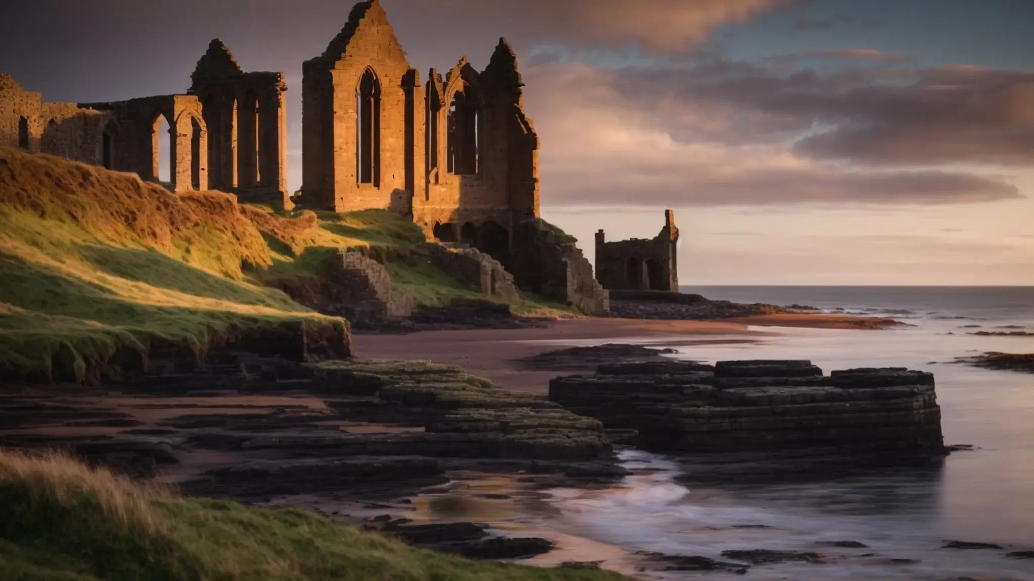 Sunlit ruins of St Andrews Cathedral on rocky coastline with grassy hills and calm sea at dusk
