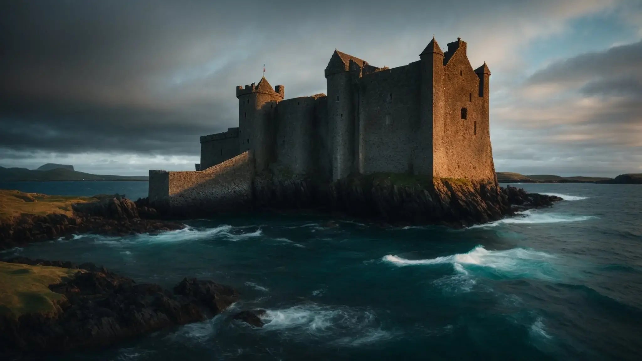 Kisimul Castle on rocky island with dramatic clouds and turbulent sea at sunset