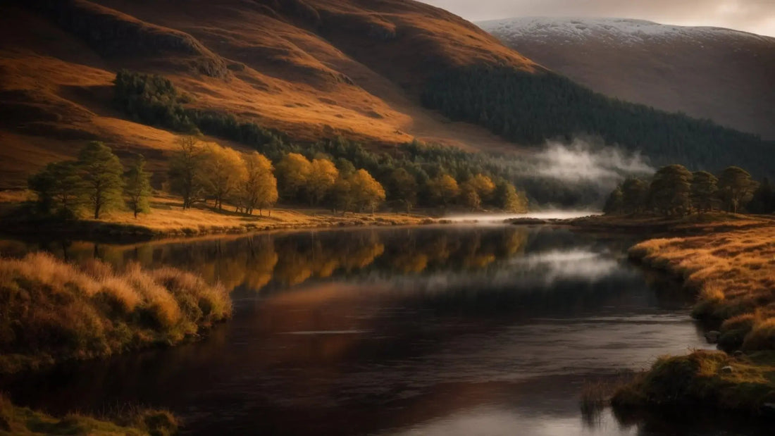 Sweeping Highland valley near Balquhidder with autumn trees, mist over calm river, and snow-capped hills