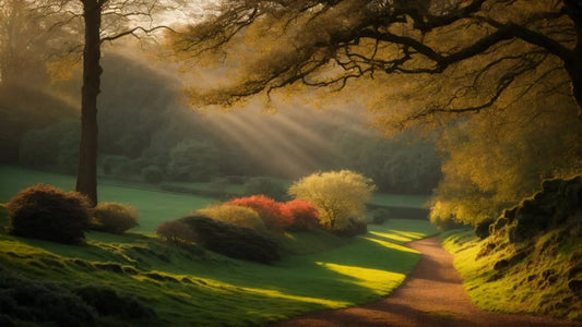 Sunlit tree-lined path winding through a serene estate garden at tranquil dawn with autumn foliage