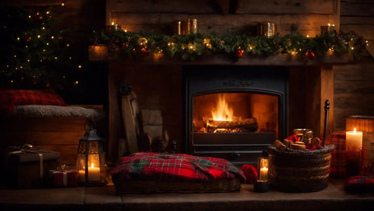 Cozy Scottish Christmas setting with lit fireplace, tartan blanket, gifts, candles, and festive garland