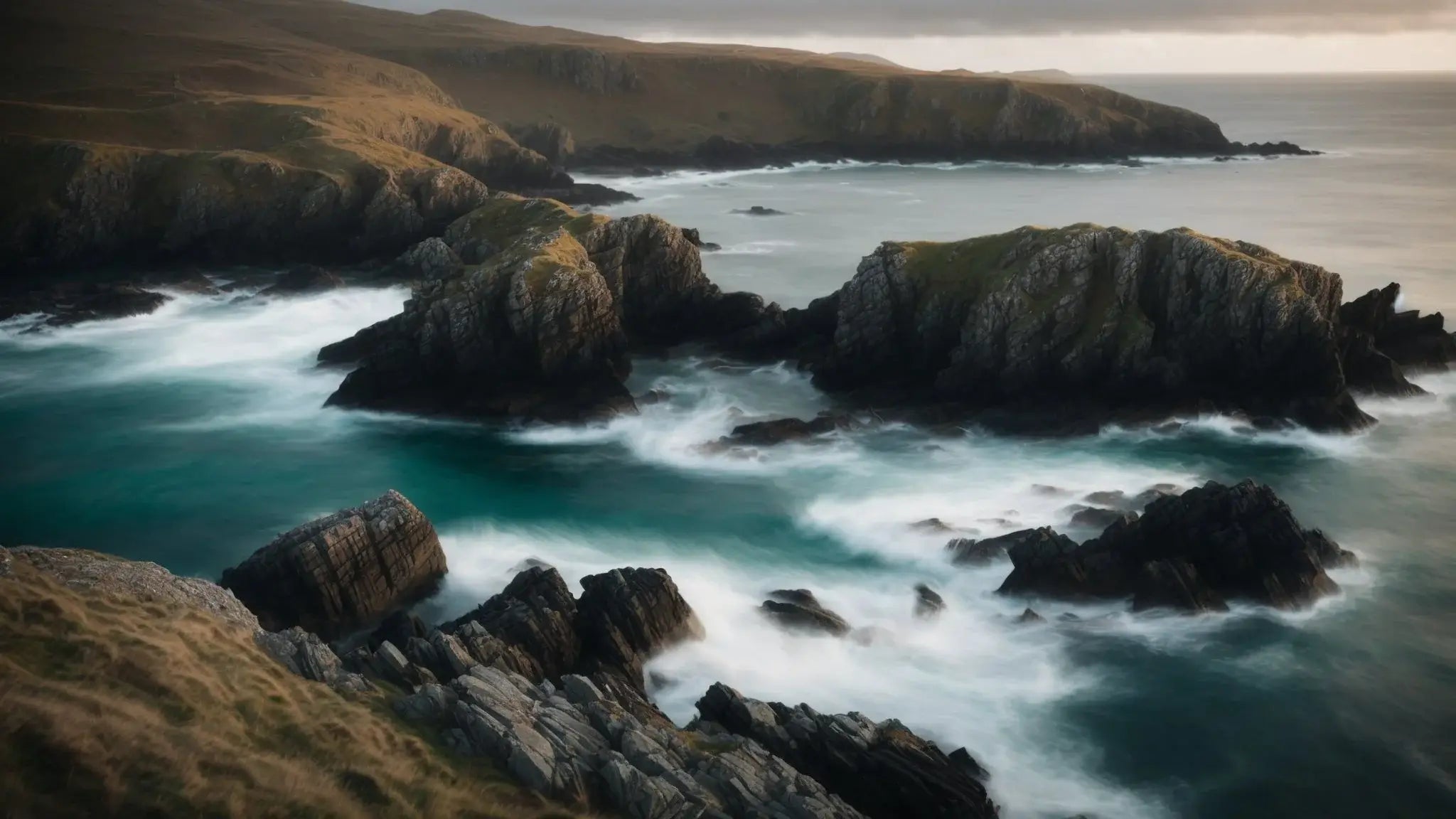 Windswept rocky Hebridean coastline on Colonsay with waves crashing and grassy cliffs at golden hour