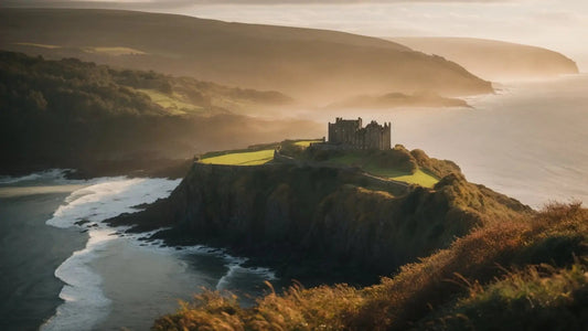 Historic castle ruins on a green cliff overlooking the misty Scottish coastline at sunset