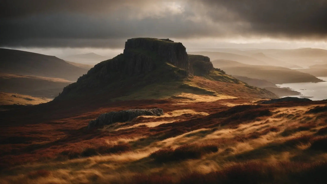 Windswept Scottish landscape with rugged hills, dark clouds, and brown grasses near castle ruins