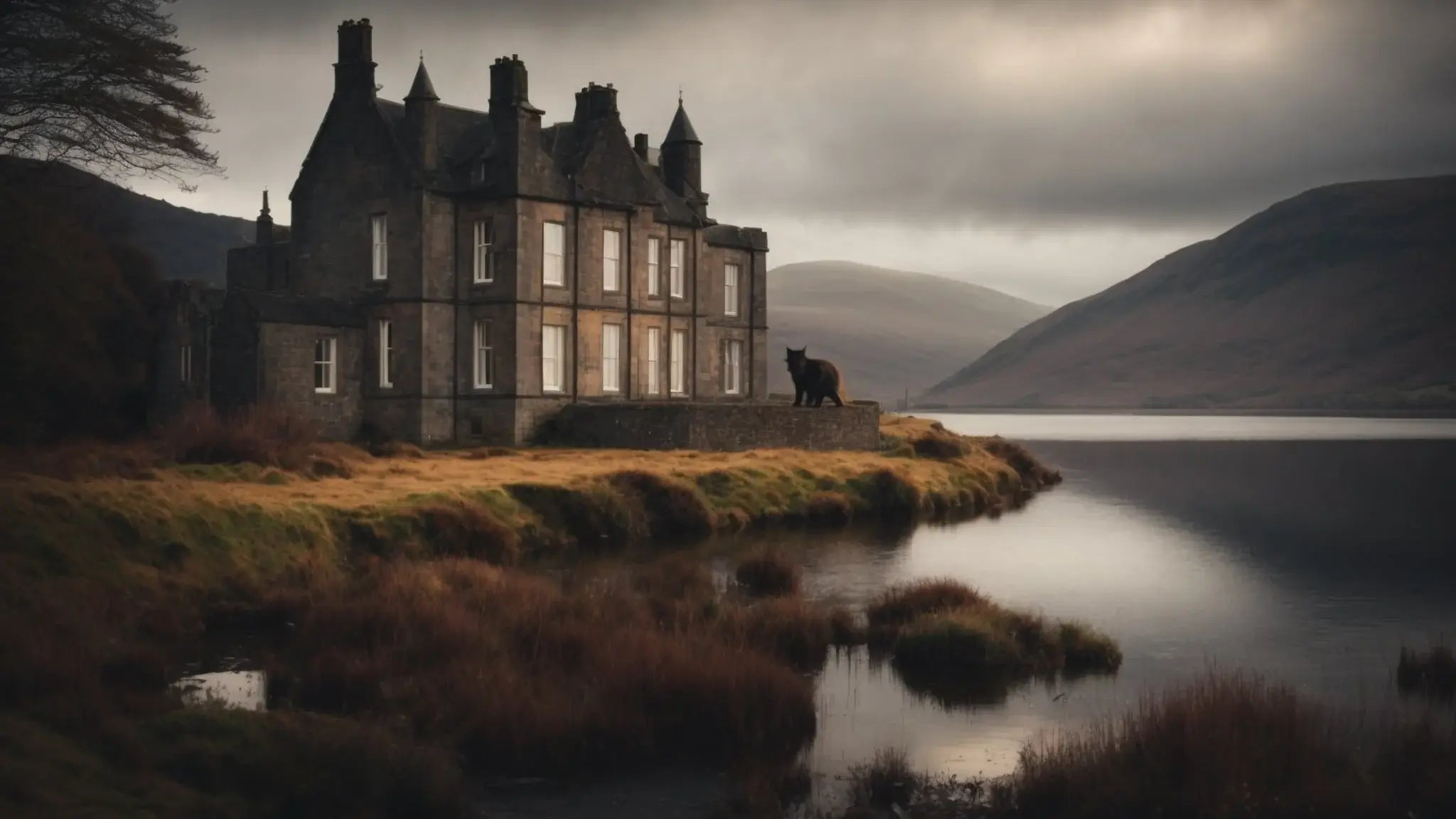 Moy Hall stone mansion beside tranquil loch with moody sky and rolling hills in Scottish Highlands