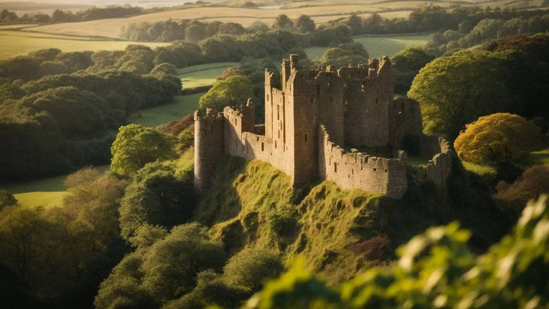 Dirleton Castle in East Lothian, ancestral seat of Clan Haliburton, surrounded by the Scottish countryside.