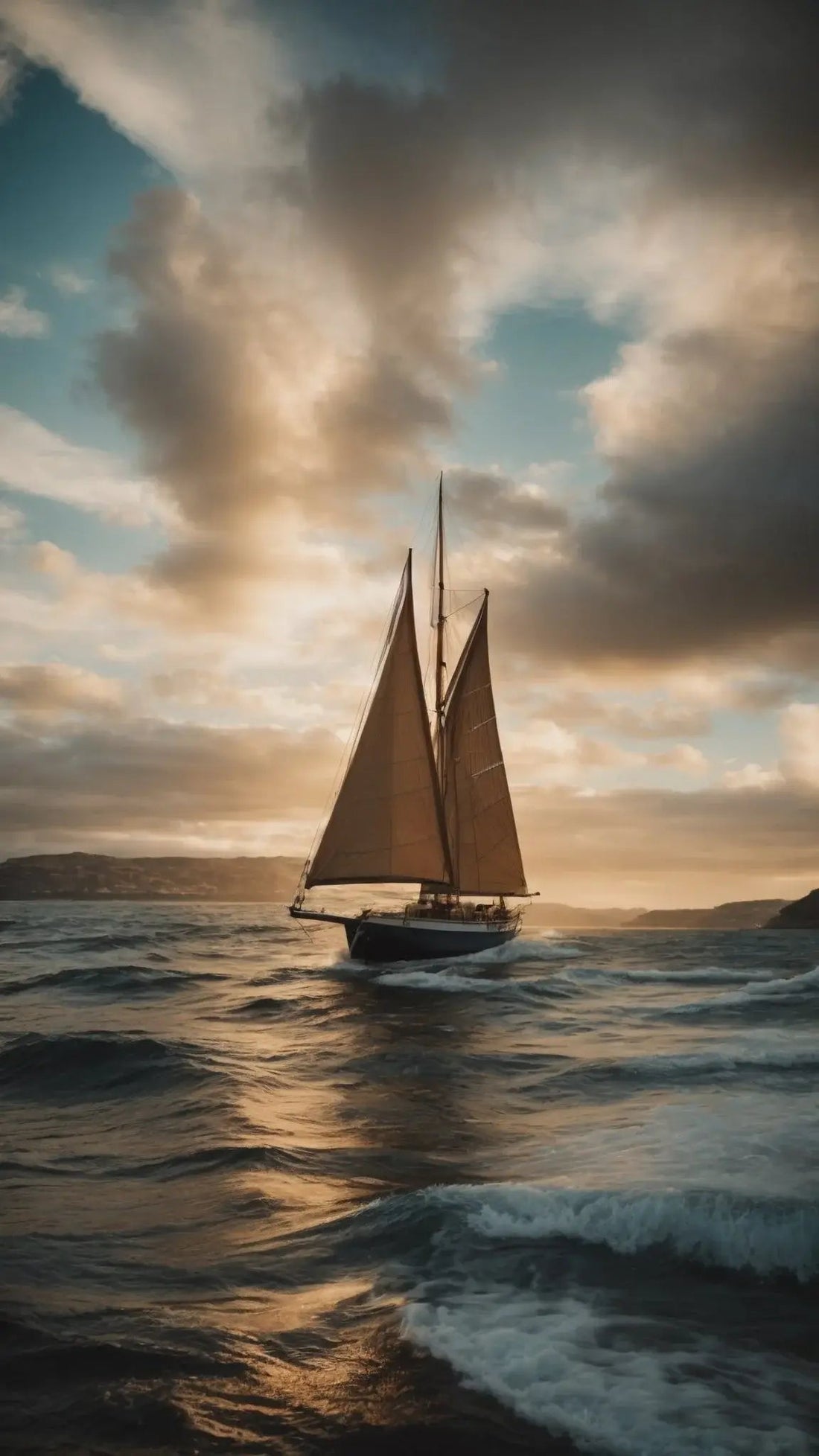 Old-fashioned sailboat with brown sails sailing on choppy sea under dramatic cloudy sky at sunset