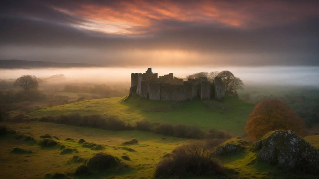 Mist-shrouded medieval castle ruins at dawn in Renfrewshire with vibrant green fields and glowing sky