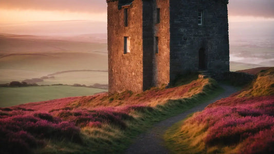 Stone tower at sunrise surrounded by blooming heather and winding path in misty countryside