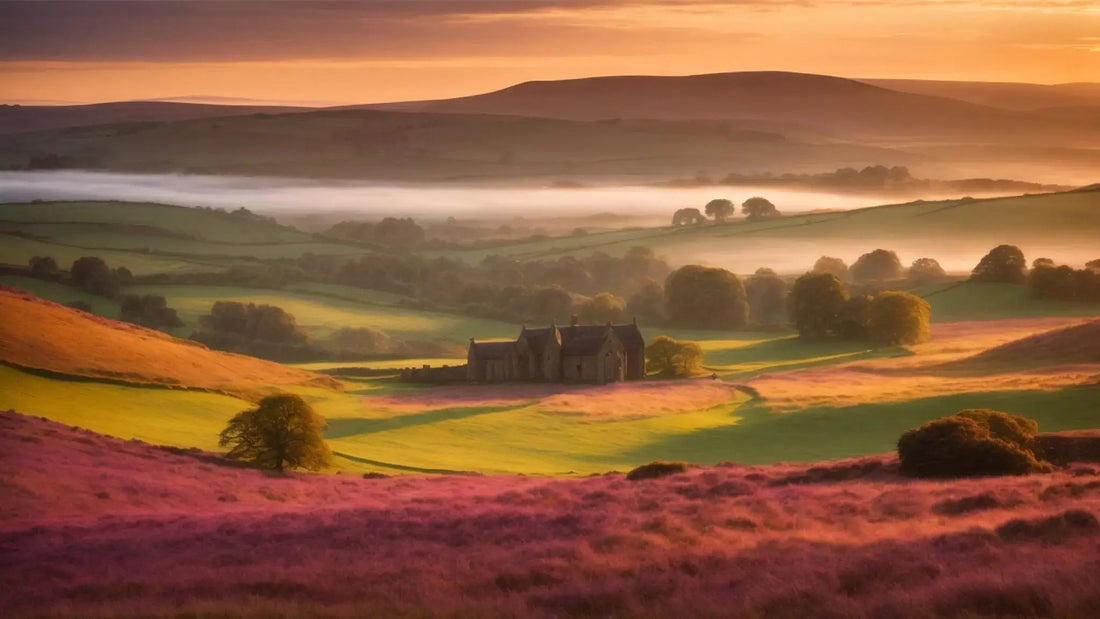 Misty dawn over rolling hills in Roxburghshire with stone house, purple heather, and soft golden light
