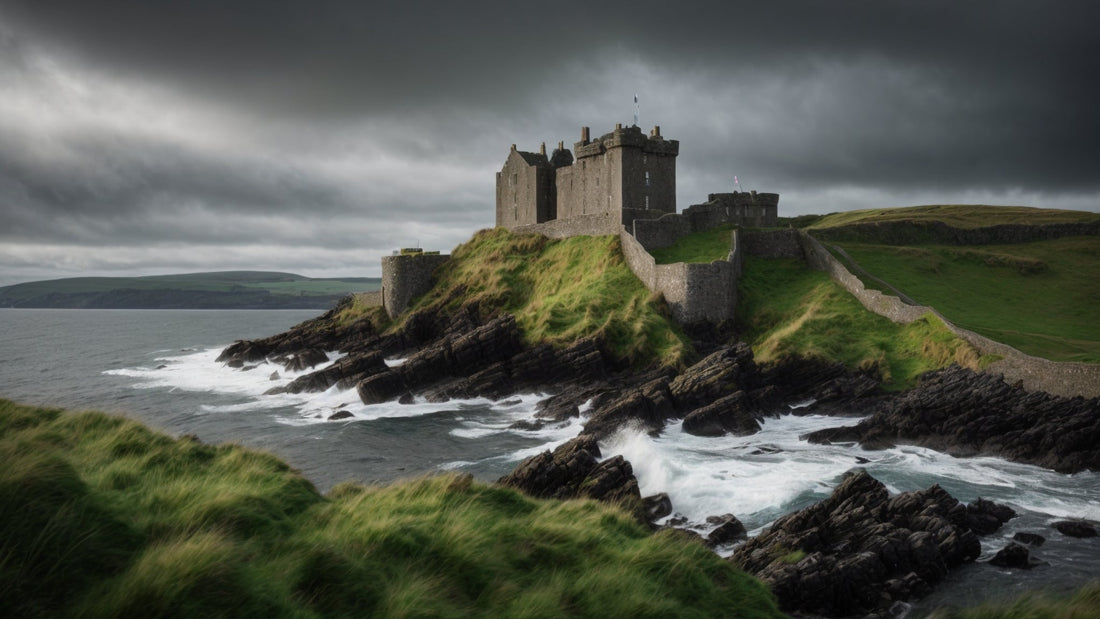 Hunterston Castle overlooking the Firth of Clyde under a dramatic grey sky, with waves breaking on the rocky Scottish coast and green fields surrounding the ancient stone keep — symbolizing the enduring heritage of Clan Hunter.