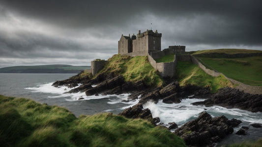 Hunterston Castle overlooking the Firth of Clyde under a dramatic grey sky, with waves breaking on the rocky Scottish coast and green fields surrounding the ancient stone keep — symbolizing the enduring heritage of Clan Hunter.