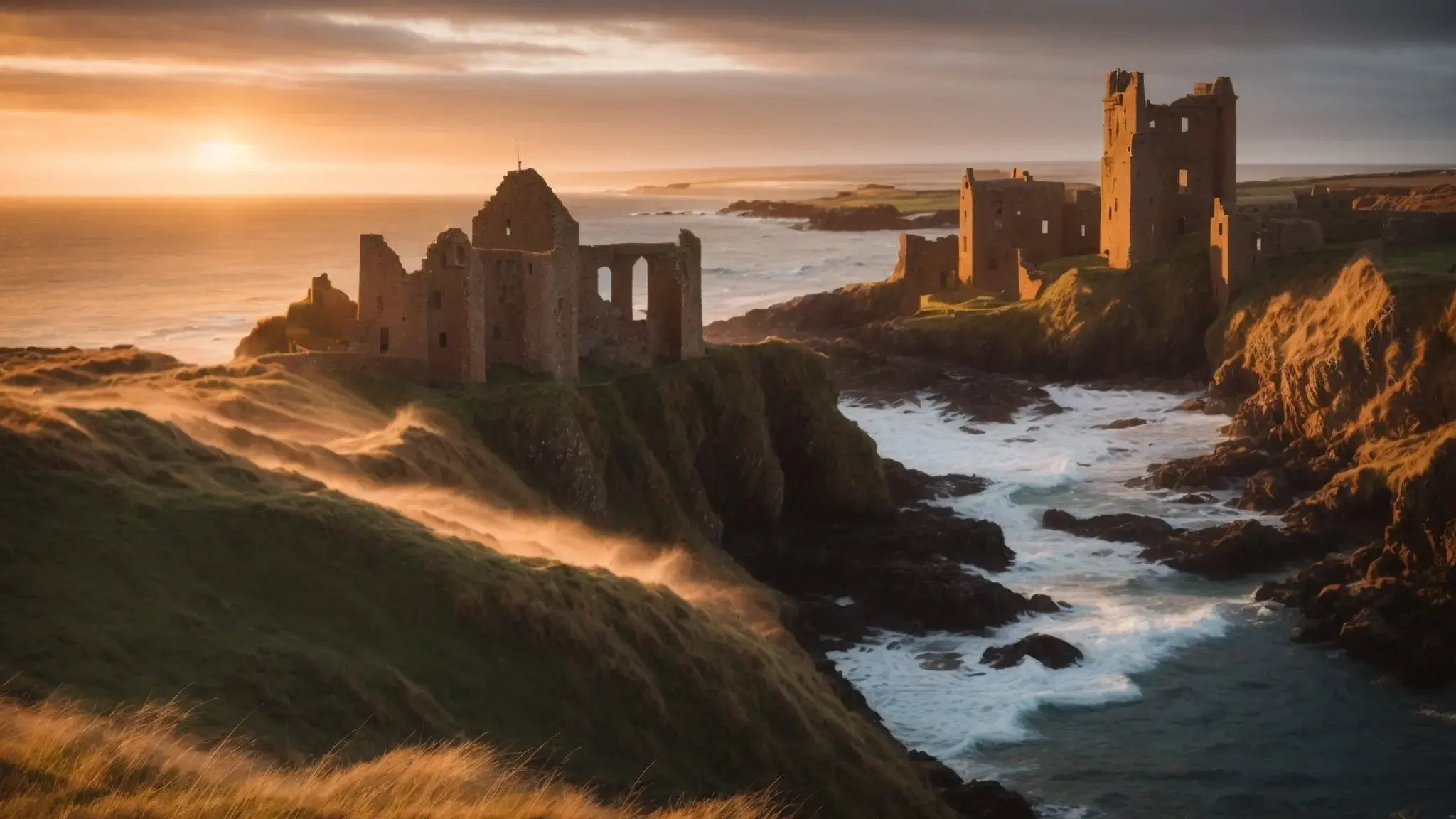 Ruins of Slains Castle on the Aberdeenshire coast at sunrise