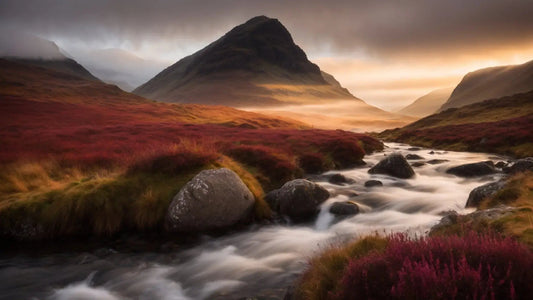 Early morning mist over Glencoe valley with rugged mountain, flowing stream, and red heather in Scottish Highlands