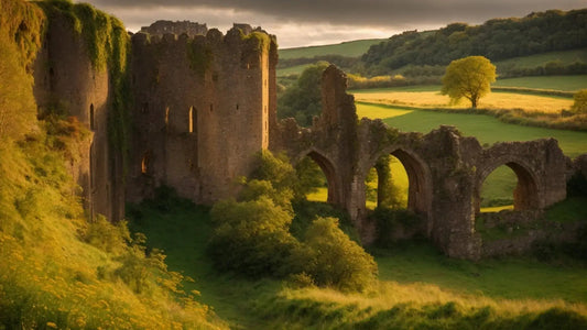 Golden evening light over historic stone ruins of Hailes Castle surrounded by green fields and trees