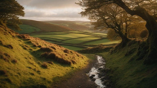 Irish countryside landscape with green fields, stone fences, dirt path, and trees at sunset