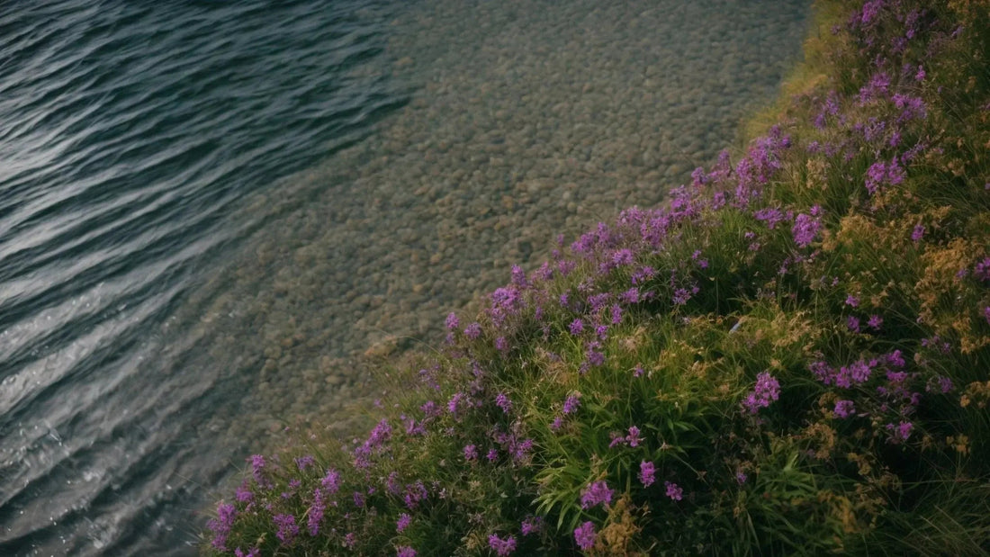 Purple wildflowers on grassy slope beside clear waters of Loch Lomond shore