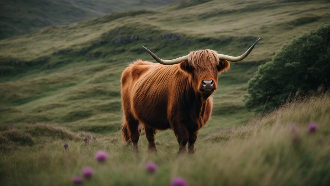 Scottish Highland cow with long horns standing in grassy hills with purple thistle flowers