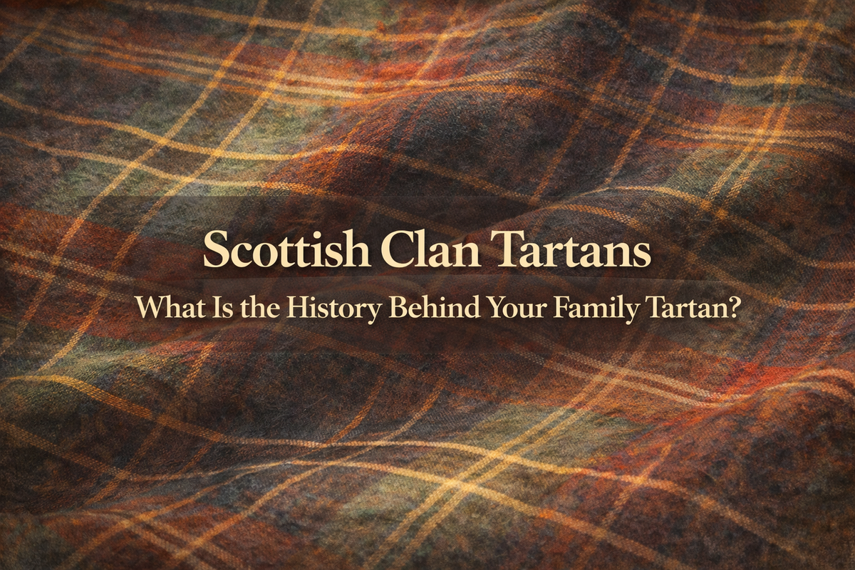 Close-up of warm, textured tartan fabric with centered text about Scottish clan tartans and family tartan history.