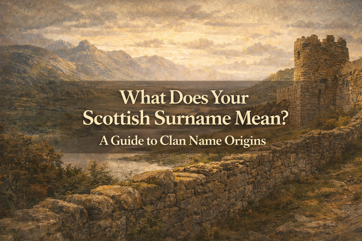 Scottish landscape with ancient stone wall and centered title text about Scottish surname meanings and clan name origins.