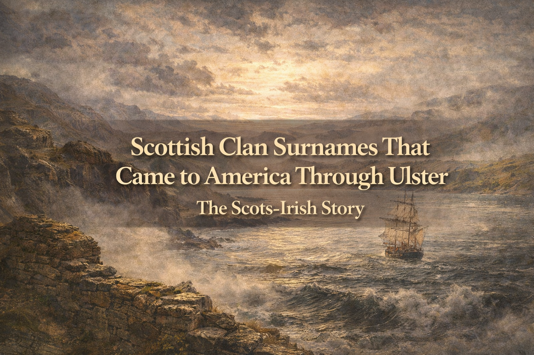 Stormy coastal Scottish landscape with cliffs, rough sea, and a distant sailing ship behind centered text about Scottish clan surnames that came to America through Ulster.