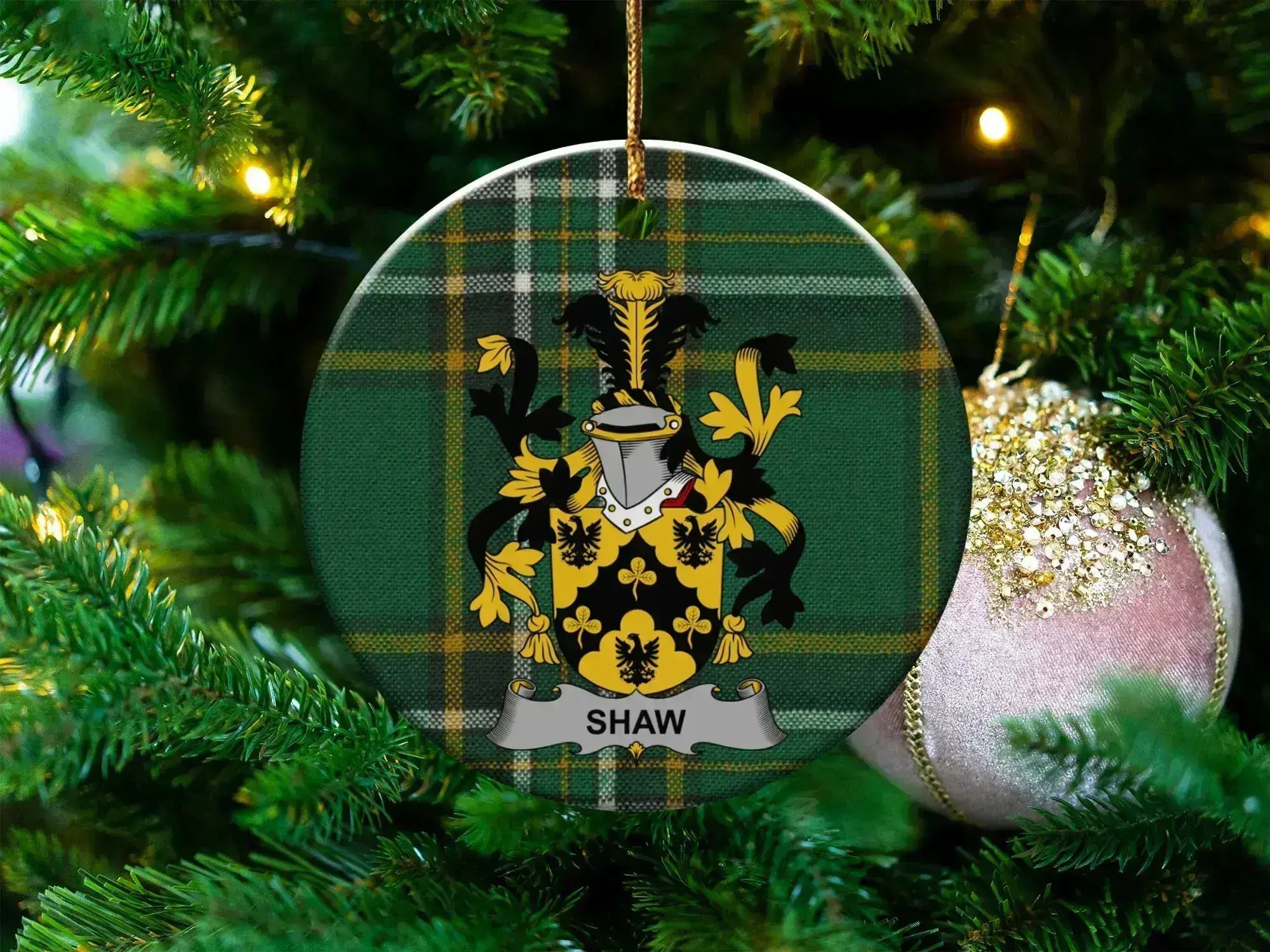 Shaw family woven blanket with a family crest on Irish tartan, celebrating Shaw Irish heritage