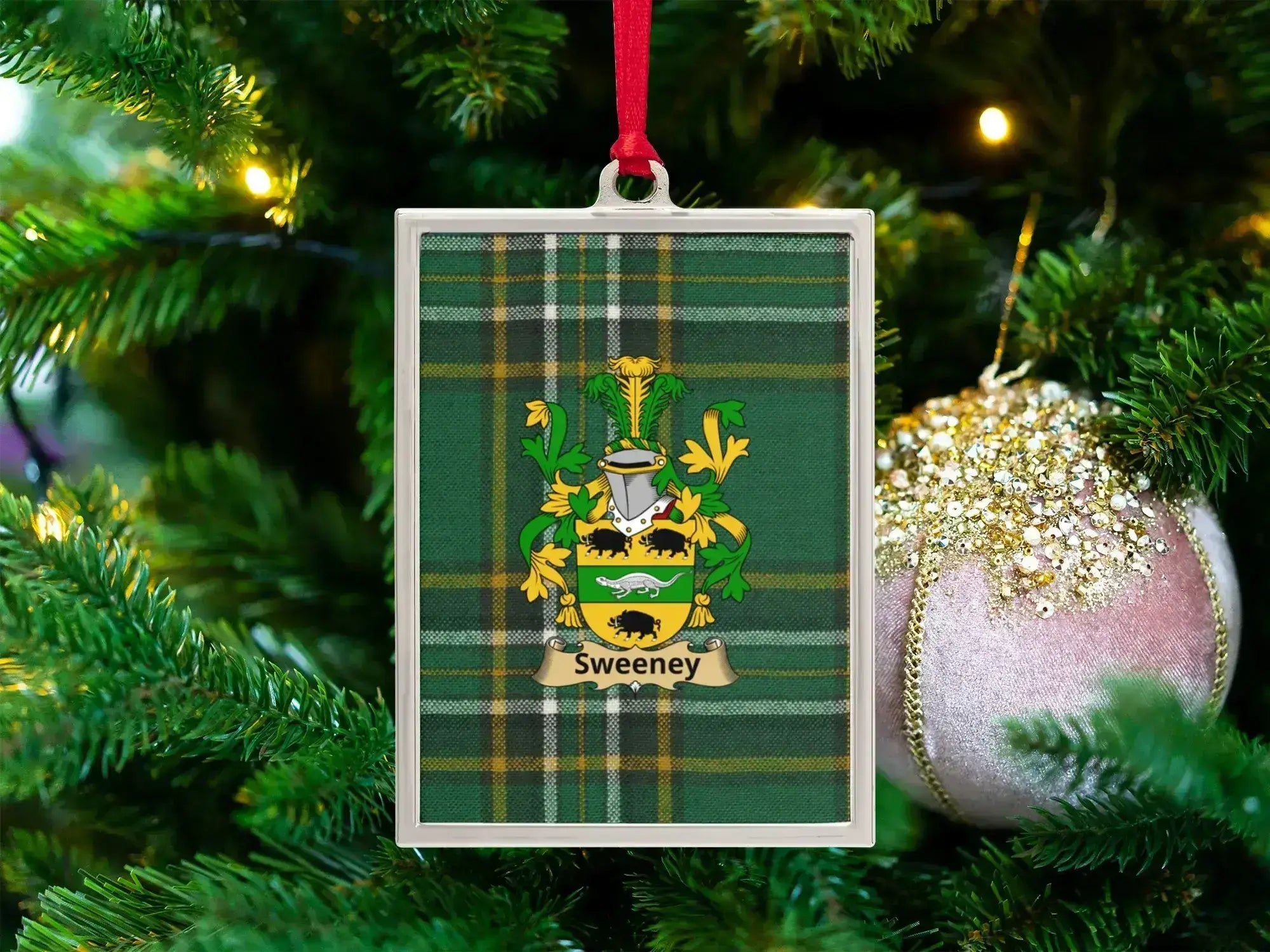 Sweeney Irish crest ornament — celebrating the history, origins, and Gaelic roots of the Sweeney surname, the gallowglass family of Donegal