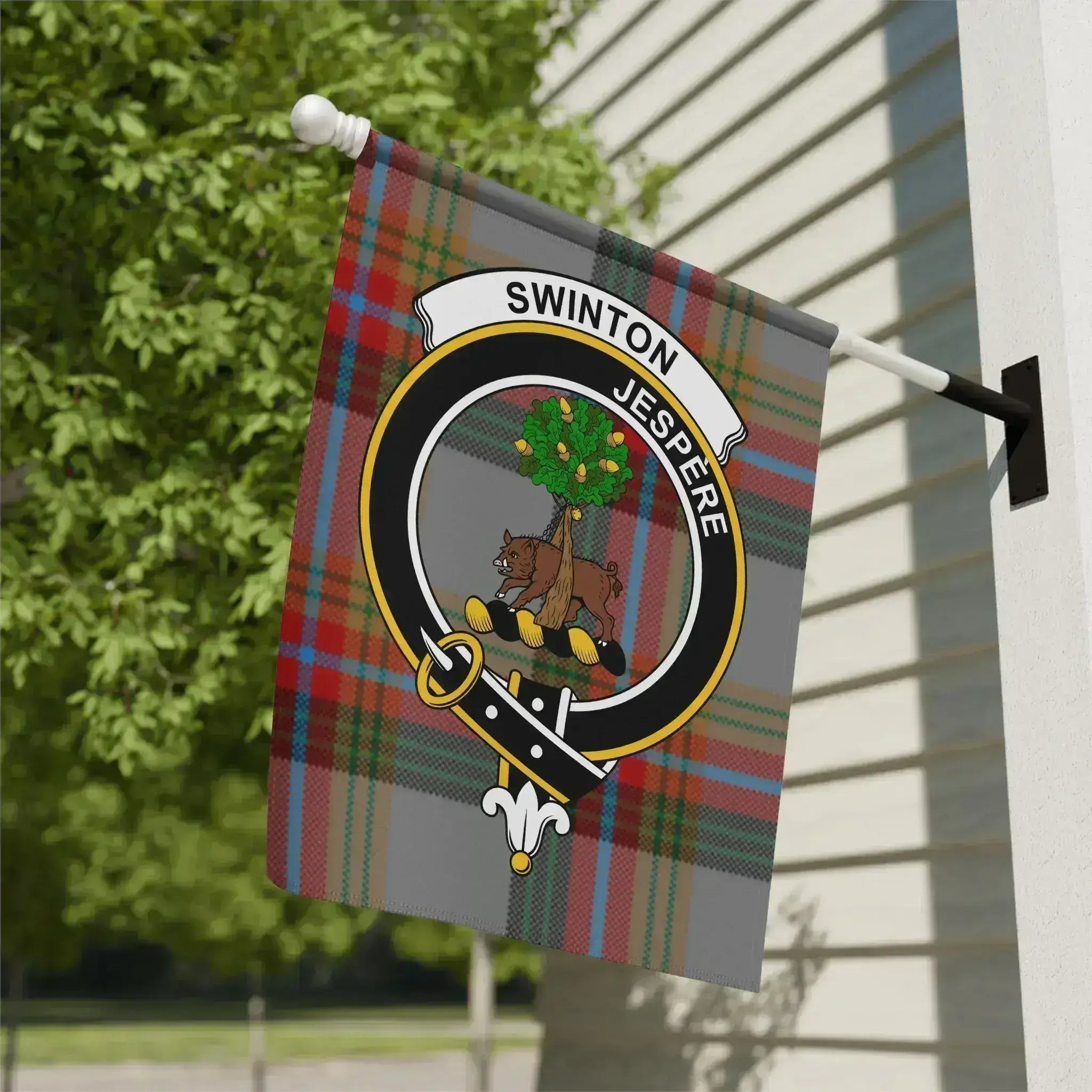 Swinton Clan Scottish Tartan Garden Flag — celebrating the history, motto J'Espère, and Border origins of one of Scotland's oldest documented families.