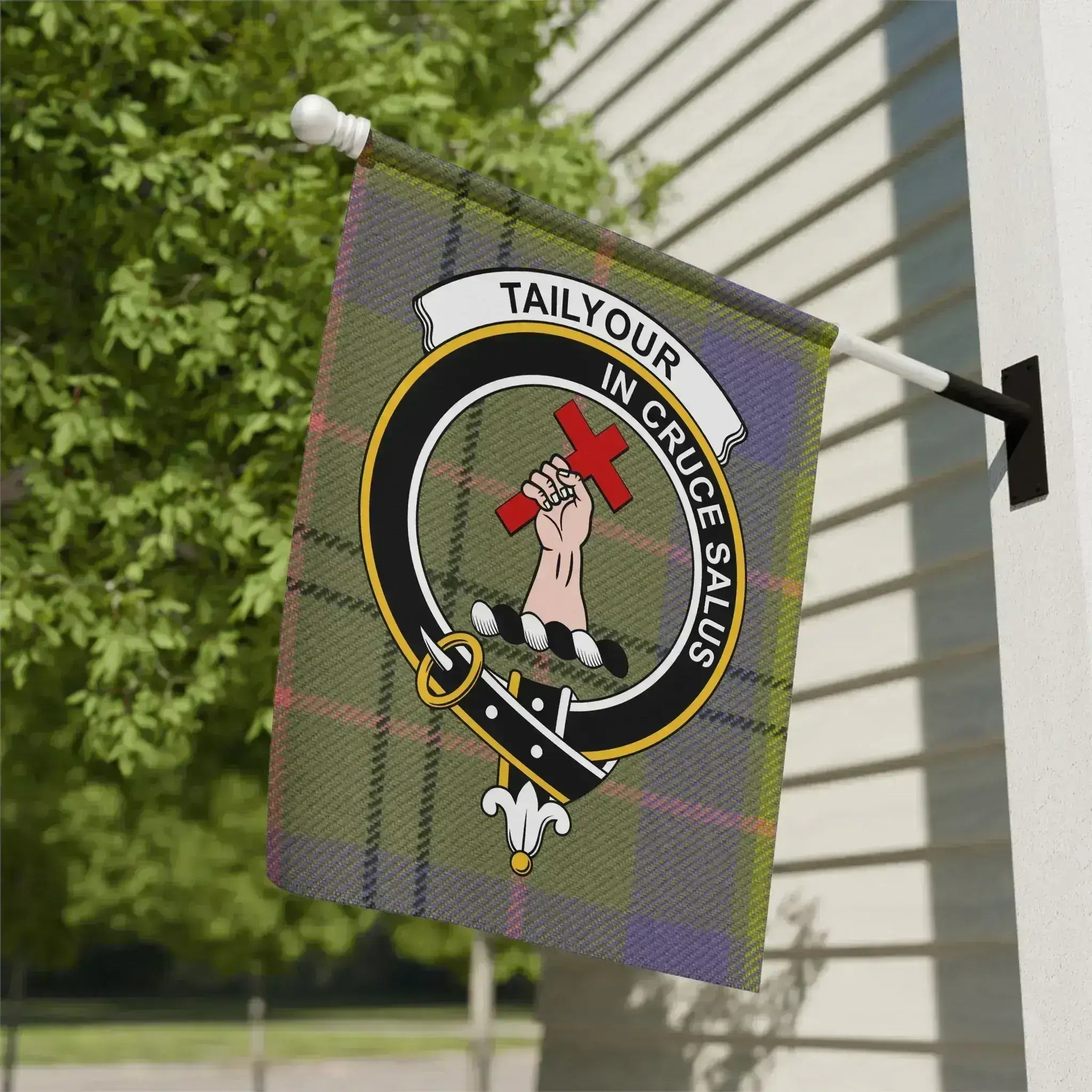Taylor family crest tartan garden flag, a Scottish Highland heritage gift