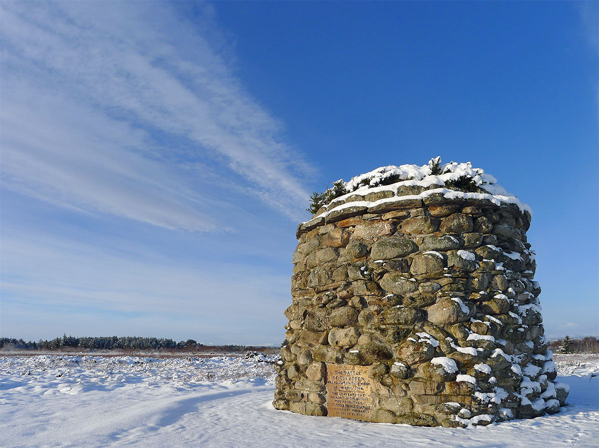 The Jacobite Memorial Cairn on Culloden Moor near Inverness, central monument of the Jacobite battle trail from Killiecrankie in 1689 to Culloden in 1746 where the Highland clans made their last stand for the Stuart cause