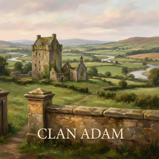 Scottish Lowlands landscape associated with Clan Adam history, featuring classical stone architecture and countryside scenery.