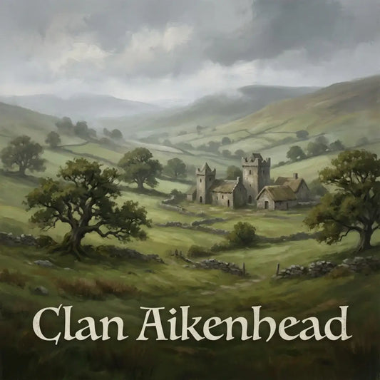 Early medieval Lowlands landscape near Glasgow associated with Clan Aikenhead history, featuring oak trees and historic stone estate scenery.