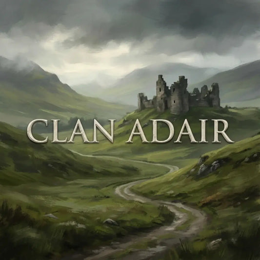 Scottish Lowlands landscape associated with Clan Adair history, featuring rolling hills and historic stone ruins under an overcast sky.
