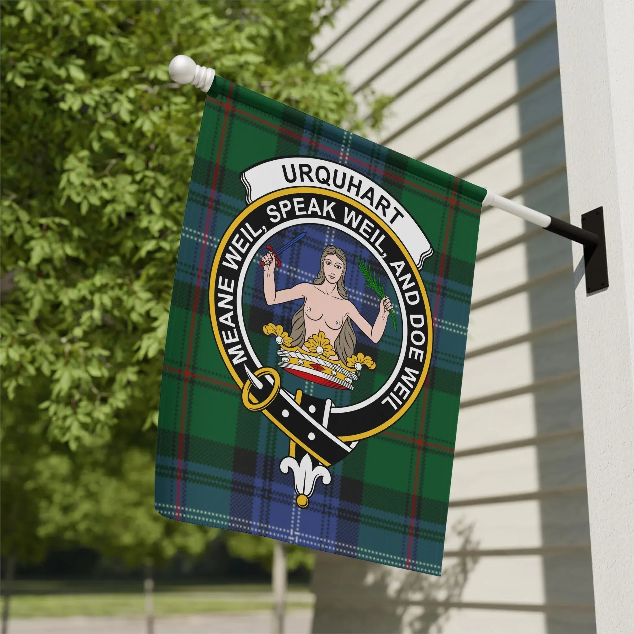 Urquhart clan crest tartan garden flag, a north-east Scotland Highland heritage gift