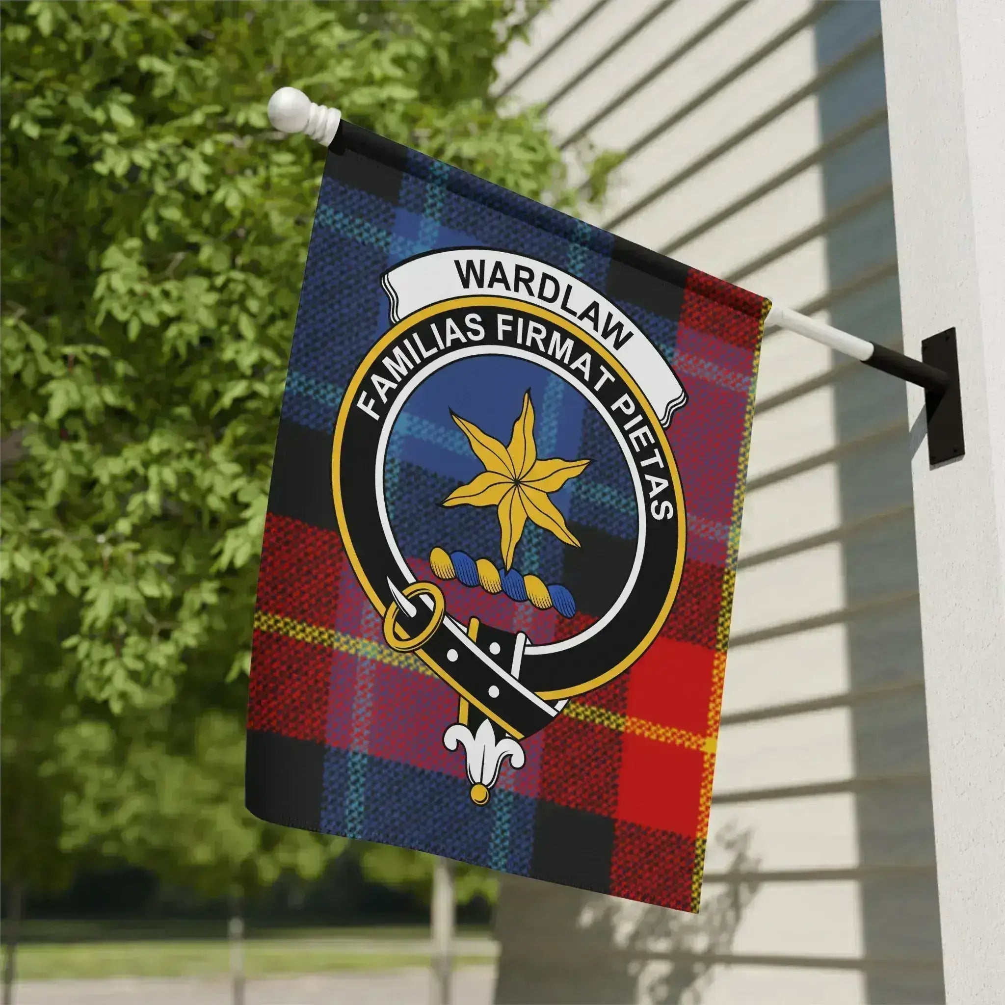 Wardlaw Clan Scottish Tartan Garden Flag — celebrating the history, motto Familias Firmat Pietas, and the founding of St Andrews University by Bishop Henry Wardlaw.